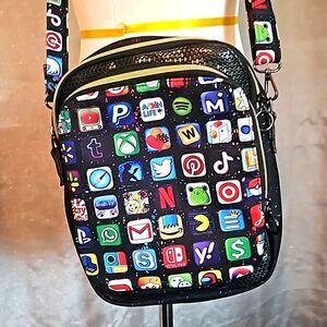 "App Icon" Handmade crossbody Neoprene & faux leather shell cotton lining RARE‎